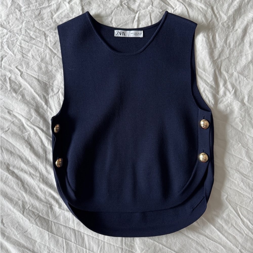 Zara Navy Knit Sleeveless Top with Gold Buttons
